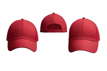 Plain red cap displayed in three angles isolated on white for branding or promotional merchandise visuals