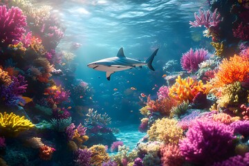 Fototapeta premium A shark swims among colorful coral reefs and small fish in the clear blue ocean water scene