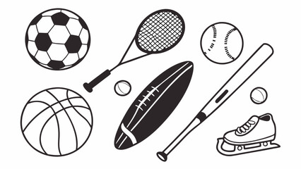 Black and White Line Art Illustration of Sports Equipment Soccer Basketball Tennis Football Bat Skate