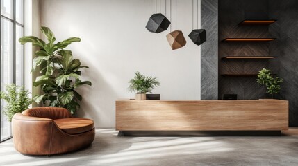 Modern lobby area, decorative pendant lights, chair and desk, for hotel or office
