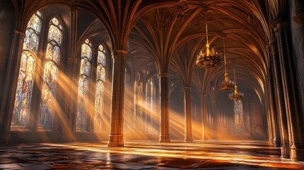 Golden Sunbeams in Gothic Cathedral Hall.