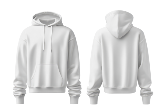 Blank white hoodie front and back view mockup isolated on white perfect for custom apparel design