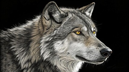 Obraz premium Close up portrait of a gray wolf against a black background with piercing yellow eyes looking right created with generative ai
