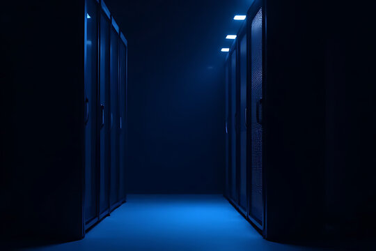 Server room maintenance in dark data center low angle view of technology action