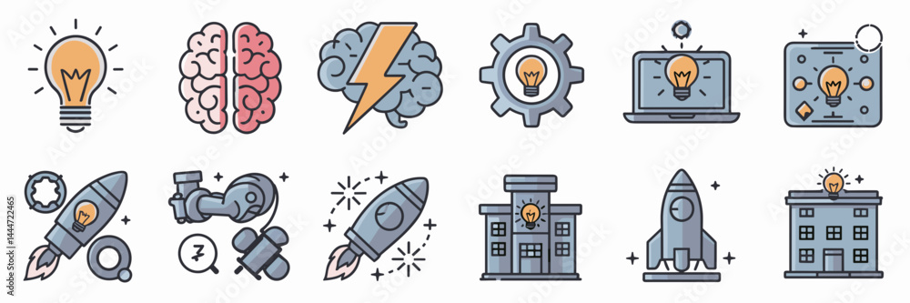 Poster vector icon sheet with innovation icons including light bulb with spark, brain with lightning bolt, 