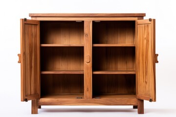A wooden cabinet with open doors, displaying neatly arranged shelves and rich wood texture