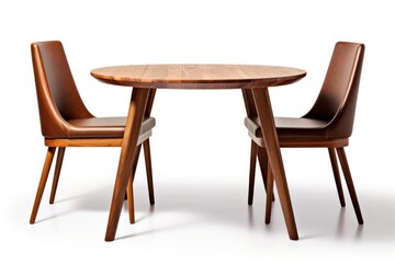 wooden dining table set for two, featuring sleek modern chairs and a warm wood tone, highlighting the smooth texture of the surface