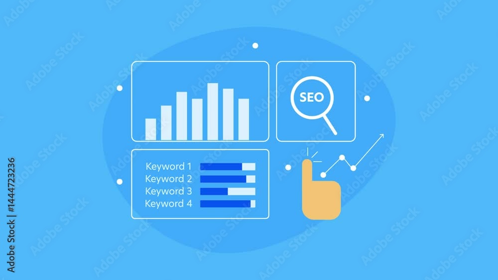 Poster hand interacts with virtual seo interface connected with ai technology.