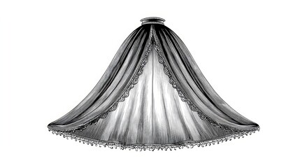 Elegant Lace-Trimmed Cathedral Veil Sketch - A detailed engraving sketch of a flowing cathedral veil, symbolizing elegance, grace, tradition, bridal fashion, and romance