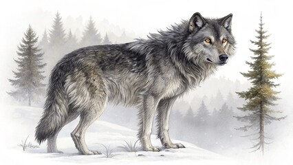 Fototapeta premium A gray wolf standing in a snowy landscape with pine trees in the background on a foggy winter day created with generative ai