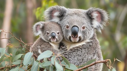 Obraz premium Close-up of a koala mother and joey cuddling on eucalyptus branches