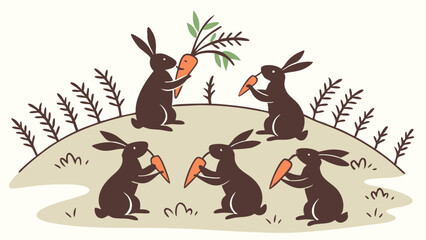 Brown Rabbits Eating Carrots Illustration on a Grassy Hill Simple Folk Art Style