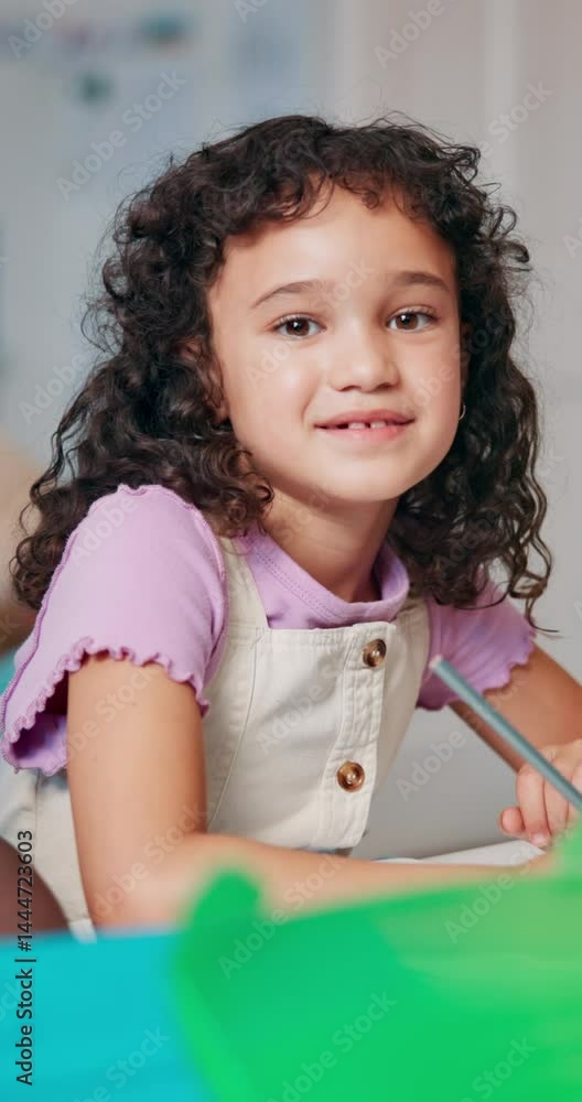 Aufkleber Writing, face and child with smile, classroom and knowledge for project, growth and development with info. Elementary, studying and kid with notebook for test, learning and student with education