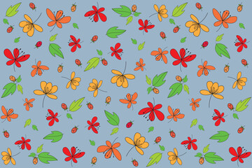 Repeating abstract drawing flower and leaf on grey background.