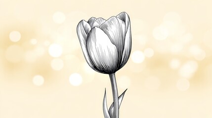 Elegant Single Tulip Drawing - A grayscale drawing of a single tulip against a soft, light yellow bokeh background. Perfect for spring themes, floral designs, or minimalist aesthetics