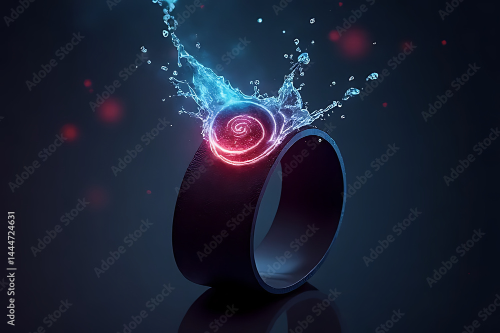 Poster dynamic water splashing action abstract ring design studio setting close-up view modern concept