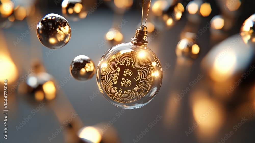 Aufkleber Conceptual image of cryptocurrency and blockchain, with Bitcoin surrounded by luminous orbs and nodes