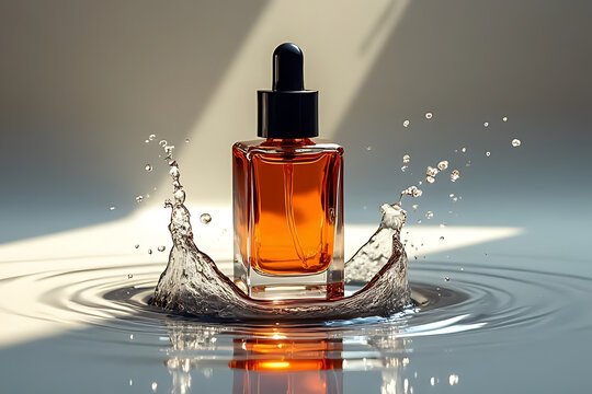 Splashing beauty elixir bottle in serene water reflection artistic photography tranquil vibe