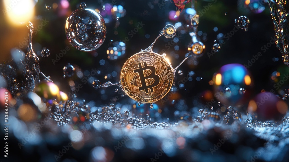 Aufkleber Conceptual image of cryptocurrency and blockchain, with Bitcoin surrounded by luminous orbs and nodes