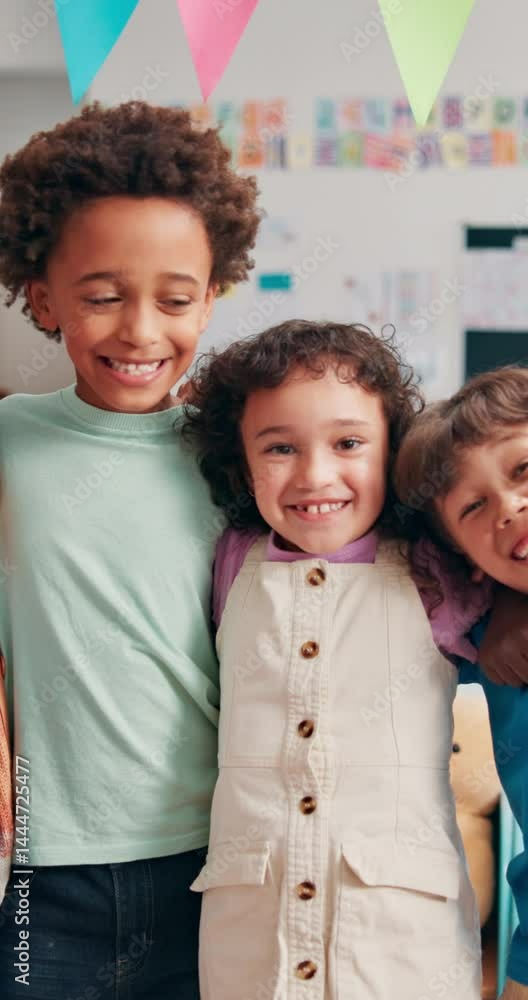 Poster education, smile and hug with face of kids in classroom for child development, learning and growth. 