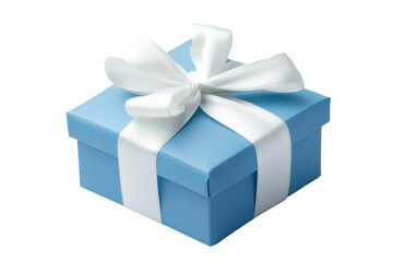 Decorative blue gift box tied with white ribbon isolated on white for birthday or event graphics