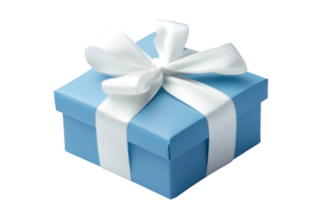 Decorative blue gift box tied with white ribbon isolated on white for birthday or event graphics