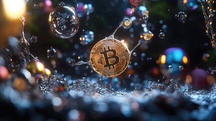 Conceptual image of cryptocurrency and blockchain, with Bitcoin surrounded by luminous orbs and nodes