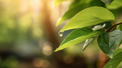 A vibrant green leaf cradles a water droplet, sunlight through foliage - nature's delicate balance and hope for the planet.