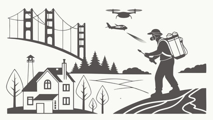 Silhouetted Graphic Illustration Pest Control Sprayer Drone Helicopter Bridge House Landscape