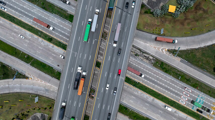Aerial view highway intersection road, Business logistic transport infrastructure logistic transport, Highway road traffic important infrastructure business logistic import export cargo industry.