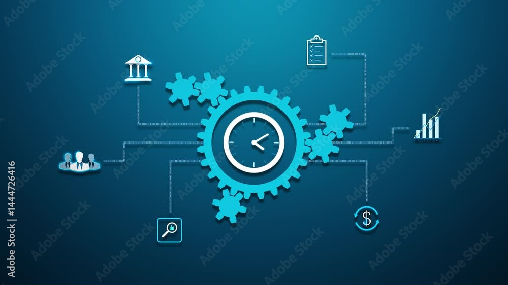 Poster clockwork business mechanism with central time gear and linked economy icons. looping video and alph