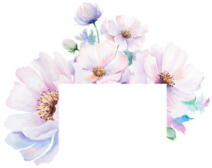 Frame made with watercolor pink peony flowers and leaves, pastel wedding isolated illustration