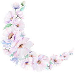 Wreath made with watercolor pink peony flowers and leaves, pastel wedding isolated illustration