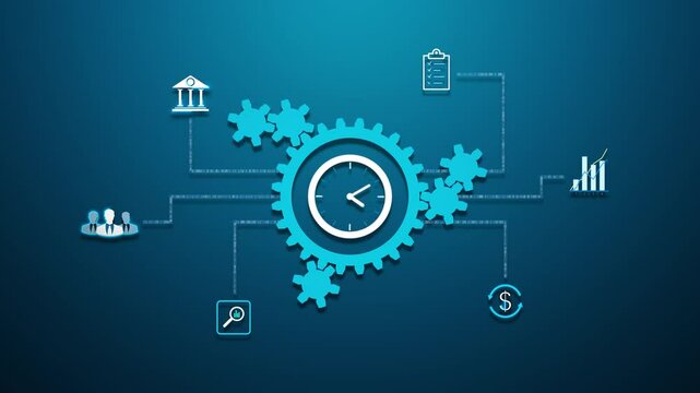 Clockwork business mechanism with central time gear and linked economy icons. Looping video and alpha channel for transparent background. - Powered by Adobe
