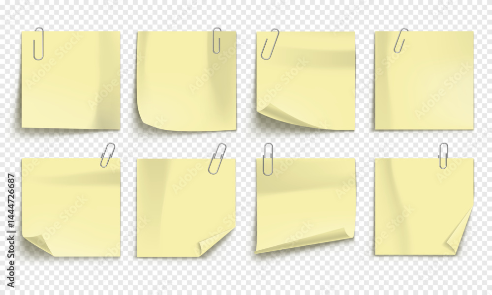Poster vector note with metallic paper clip isolated on transparent background. mockup of realistic sticky 