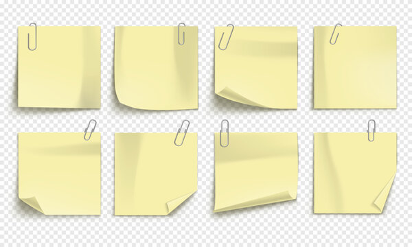 Vector note with metallic paper clip isolated on transparent background. Mockup of realistic sticky note for design.