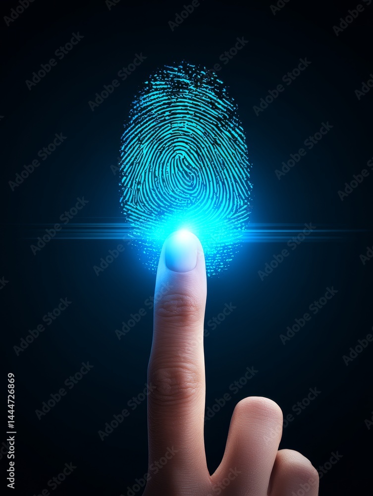 Poster fingerprint authentication - a finger scans a glowing blue fingerprint, symbolizing biometric securi