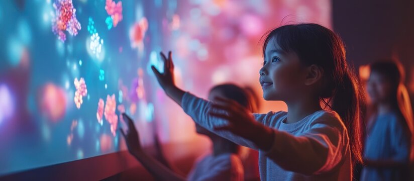 Girl interacts with interactive display, museum background