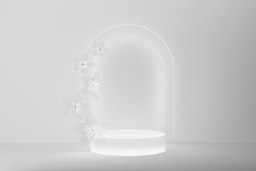 3D realistic podium background. Frosted glass cylindrical podium on grey. Glass spring flowers, luminous shining arch, mockup, 3d rendering. Blossom stage for placement product, presentation pedestal.