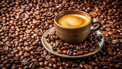 Fototapeta premium Aromatic coffee beans and rich espresso in a cup , morning drink, warm liquid, morning drink, warm liquid