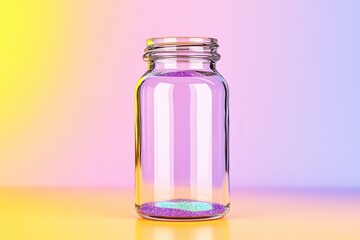 Clear glass jar with a small amount of purple and blue glitter at the bottom, set against a vibrant yellow and purple gradient background.