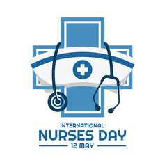 International Nurses day - White nurse cap in blue cross sign with Stethoscope hang vector design