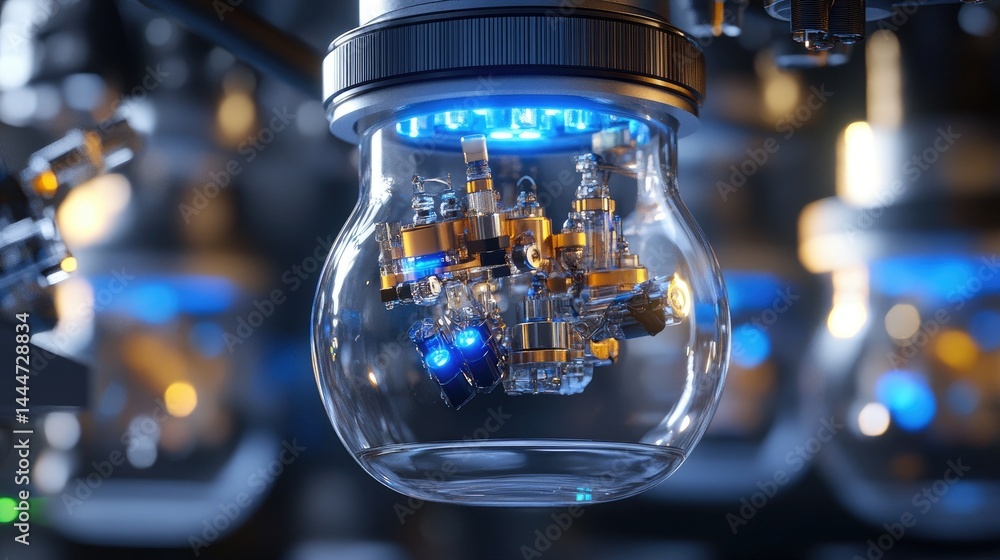 Poster close-up of glass lab equipment glowing under blue leds, creating a sci-fi inspired science setting
