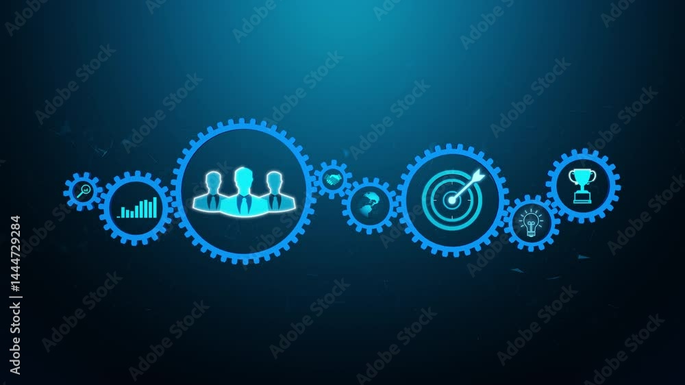 Poster business process concept with gear mechanism. looping video and alpha channel for transparent backgr