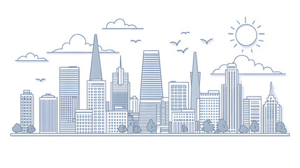 Fototapeta premium This vector illustration depicts a city skyline with urban buildings and skyscrapers, showcasing the cityscape architecture in silhouette design