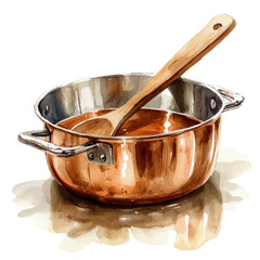 watercolor of Copper Saucepan With A Wooden Spoon, vector, isolated on a white background.