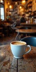 A steaming cup of rich, dark coffee sits on a rustic wooden table, surrounded by scattered coffee beans and a small silver spoon, with sunlight streaming through a nearby window.