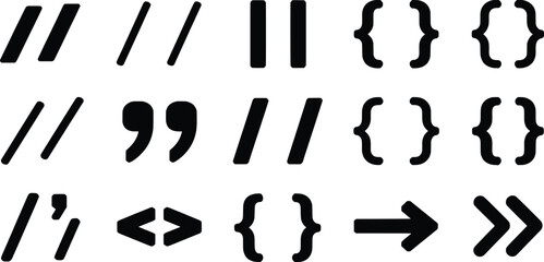 Collection of black isolated programming symbols and code snippets vector illustration