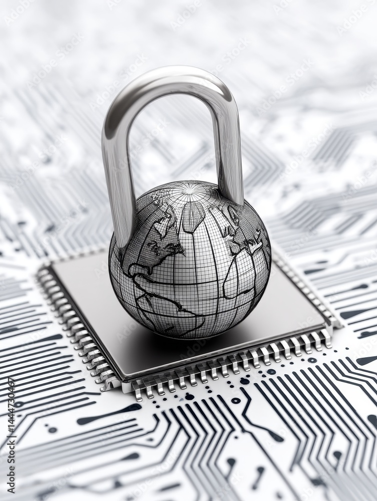 Poster global cyber security protection - a padlock shaped like a globe sits atop a microchip, symbolizing 
