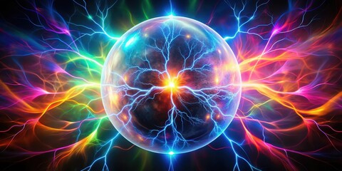 Fototapeta premium Electric orb suspended in mid-air surrounded by vibrant lightning bolts of various colors, forming a mesmerizing display of natural light energy , glowing orb, weather elements